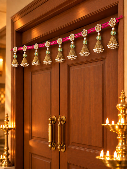 Handcrafted Pink & Gold Floral Door Toran Bandarwal with Pearl Tassels (102 cm)