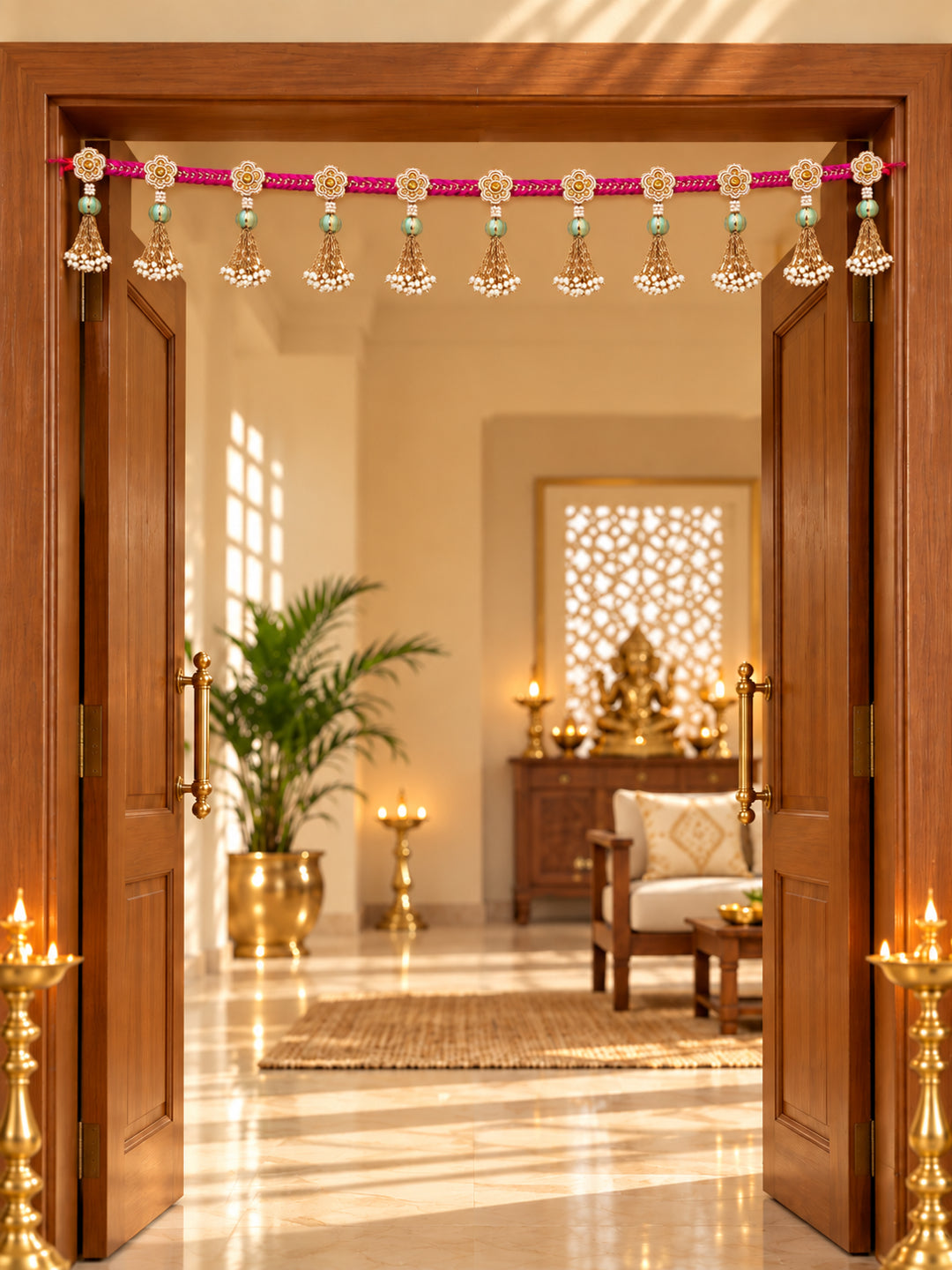 Handcrafted Pink & Gold Floral Door Toran Bandarwal with Pearl Tassels (102 cm)