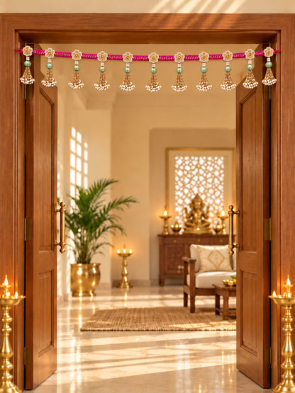 Handcrafted Pink & Gold Floral Door Toran Bandarwal with Pearl Tassels (102 cm)