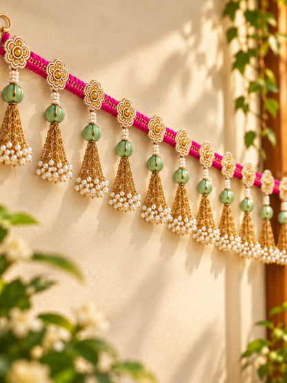 Handcrafted Pink & Gold Floral Door Toran Bandarwal with Pearl Tassels (102 cm)