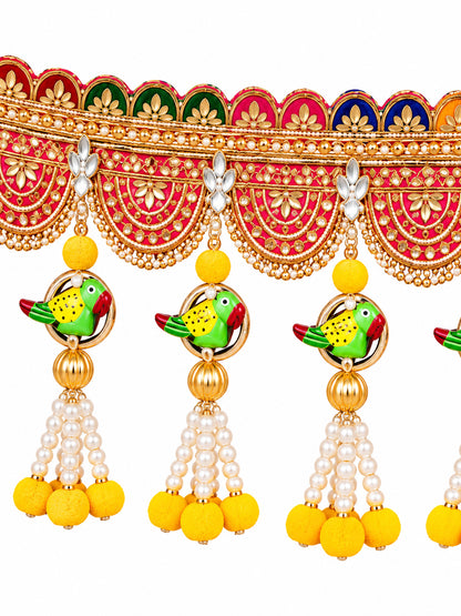 Festive Marigold & Rose Door Toran Bandarwal with Golden Latkan Bells (100 cm, Yellow & Pink)