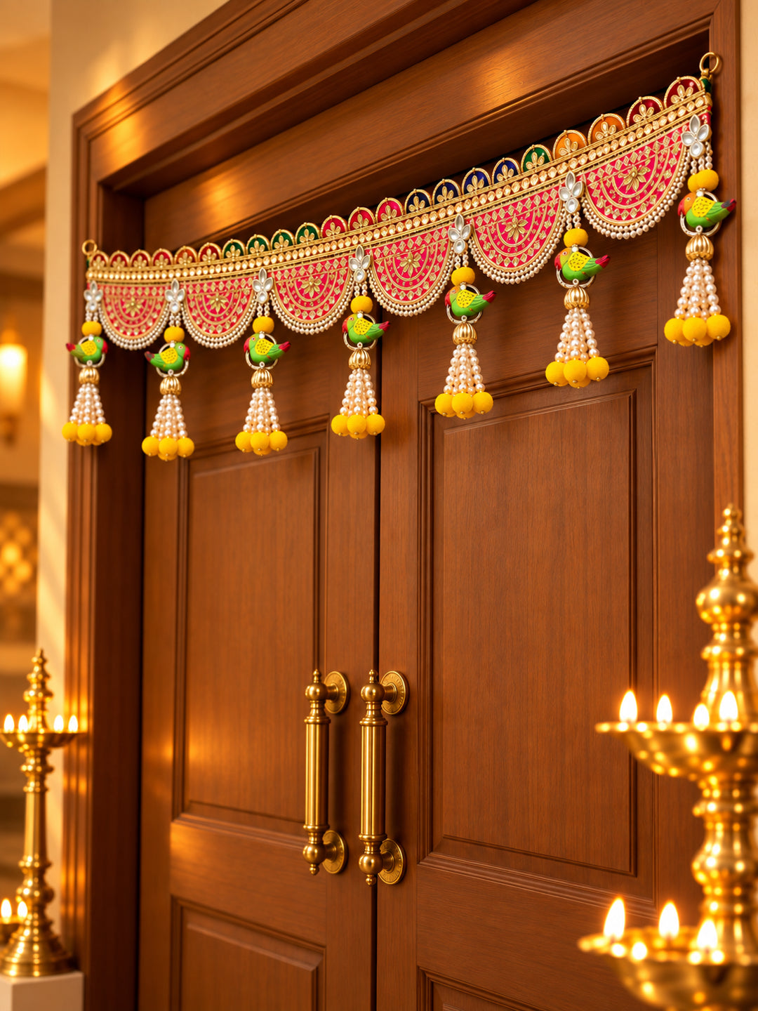 Festive Marigold & Rose Door Toran Bandarwal with Golden Latkan Bells (100 cm, Yellow & Pink)