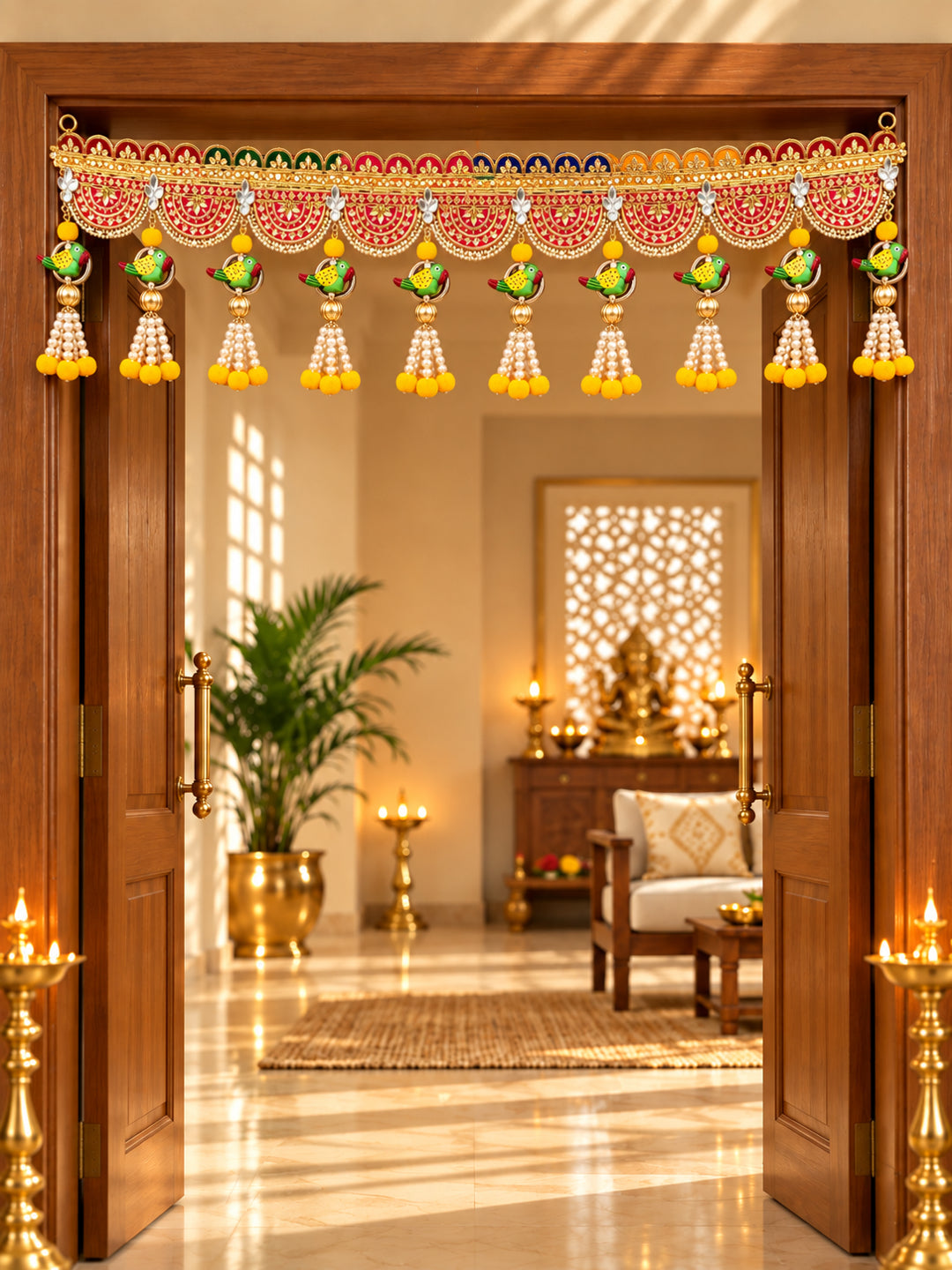 Festive Marigold & Rose Door Toran Bandarwal with Golden Latkan Bells (100 cm, Yellow & Pink)