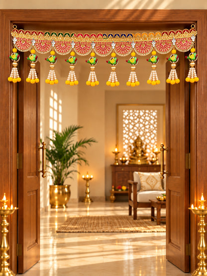 Festive Marigold & Rose Door Toran Bandarwal with Golden Latkan Bells (100 cm, Yellow & Pink)