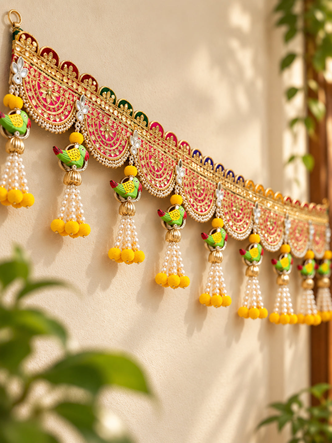 Festive Marigold & Rose Door Toran Bandarwal with Golden Latkan Bells (100 cm, Yellow & Pink)