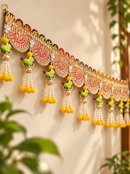 Festive Marigold & Rose Door Toran Bandarwal with Golden Latkan Bells (100 cm, Yellow & Pink)