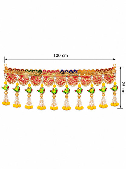 Festive Marigold & Rose Door Toran Bandarwal with Golden Latkan Bells (100 cm, Yellow & Pink)