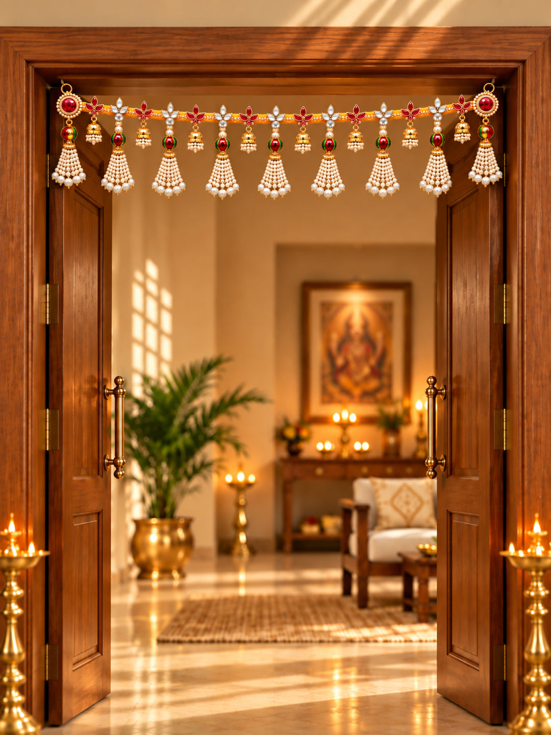 Auspicious Yellow Floral Door Toran Bandarwal with Golden Tassels & Beads (100 cm)
