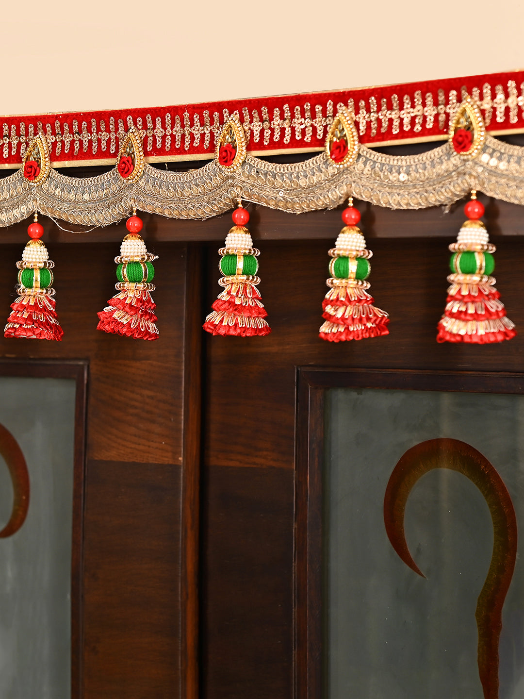 Golden & Pink Beaded Decorative Door Hanging Bandarwal with Tassels