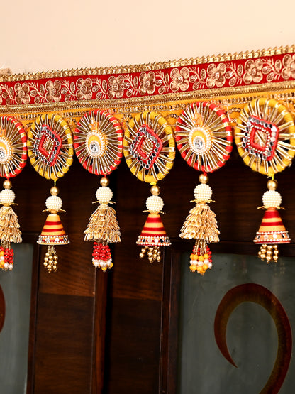 Red & Golden Festival Special Decorative Door Hanging Bandarwal with Bell Tassels
