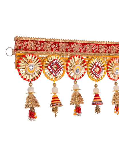 Red & Golden Festival Special Decorative Door Hanging Bandarwal with Bell Tassels