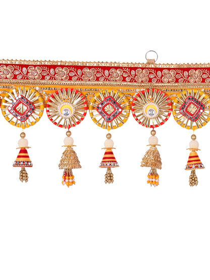 Red & Golden Festival Special Decorative Door Hanging Bandarwal with Bell Tassels