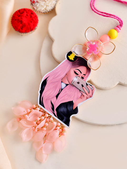Trendy Girl Kids Rakhi with Pink Tassels and Floral Accent