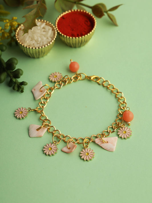 Pinl Floral Charm Bracelet Rakhi