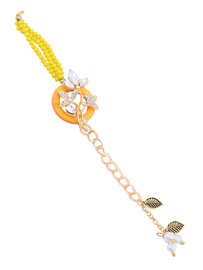 Sunshine Beadwork Bracelet Rakhi for Bhabhi with Crystal Leaf Accent