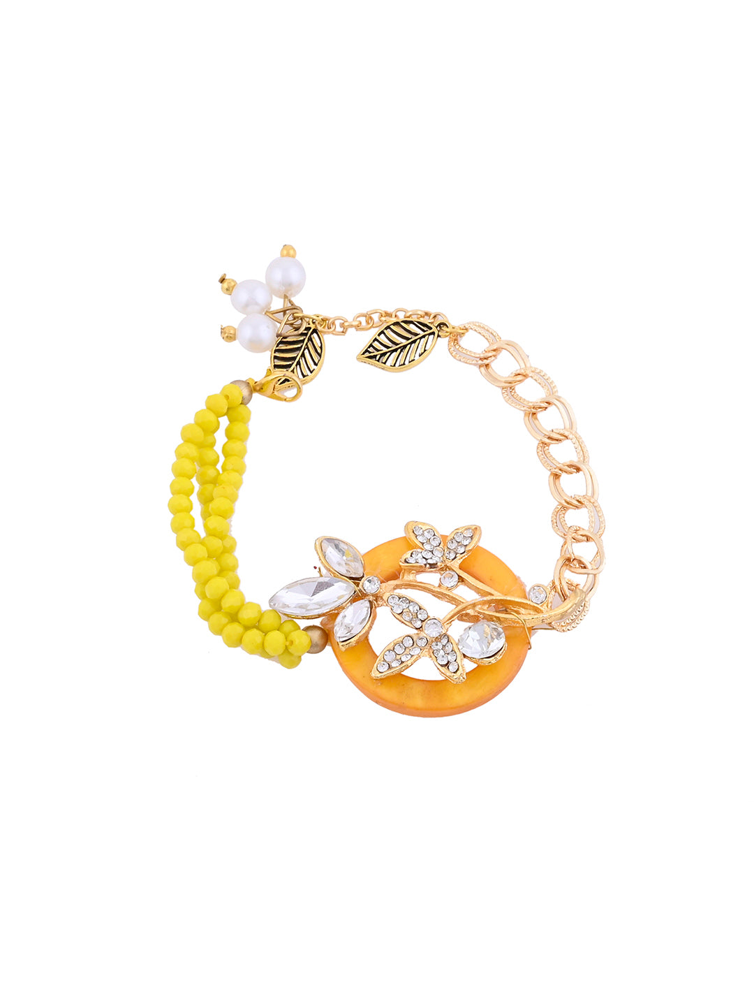 Sunshine Beadwork Bracelet Rakhi for Bhabhi with Crystal Leaf Accent