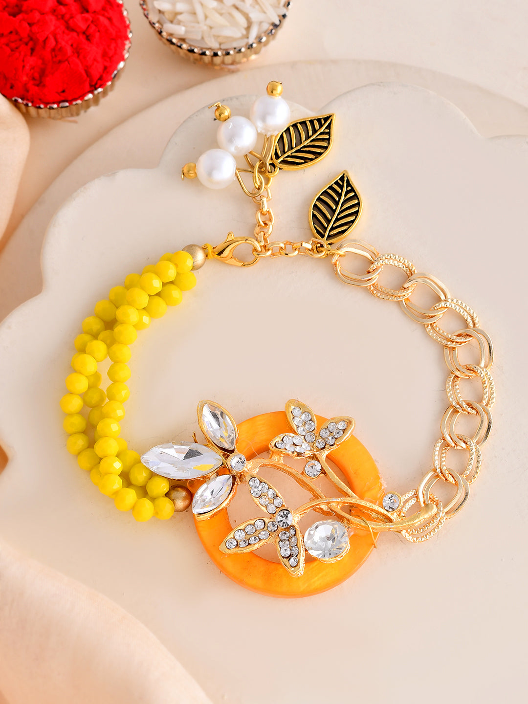 Sunshine Beadwork Bracelet Rakhi for Bhabhi with Crystal Leaf Accent