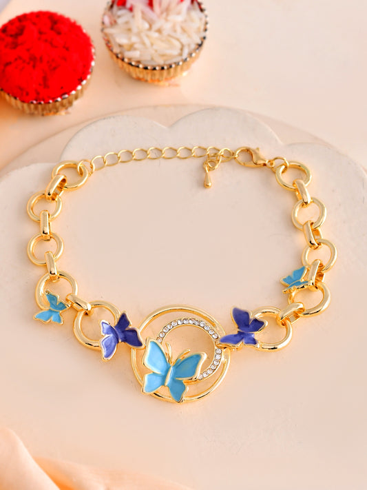 Blue Butterfly Charm Bracelet Rakhi for Bhabhi in Golden Chain Design