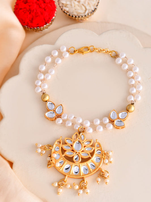 Pearl Drop Kundan Bracelet Rakhi for Bhabhi with Antique Motif