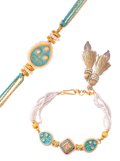 Pearl & Enamel Designer Bhaiya Bhabhi Rakhi Set