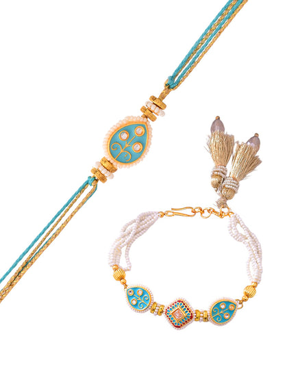 Pearl & Enamel Designer Bhaiya Bhabhi Rakhi Set