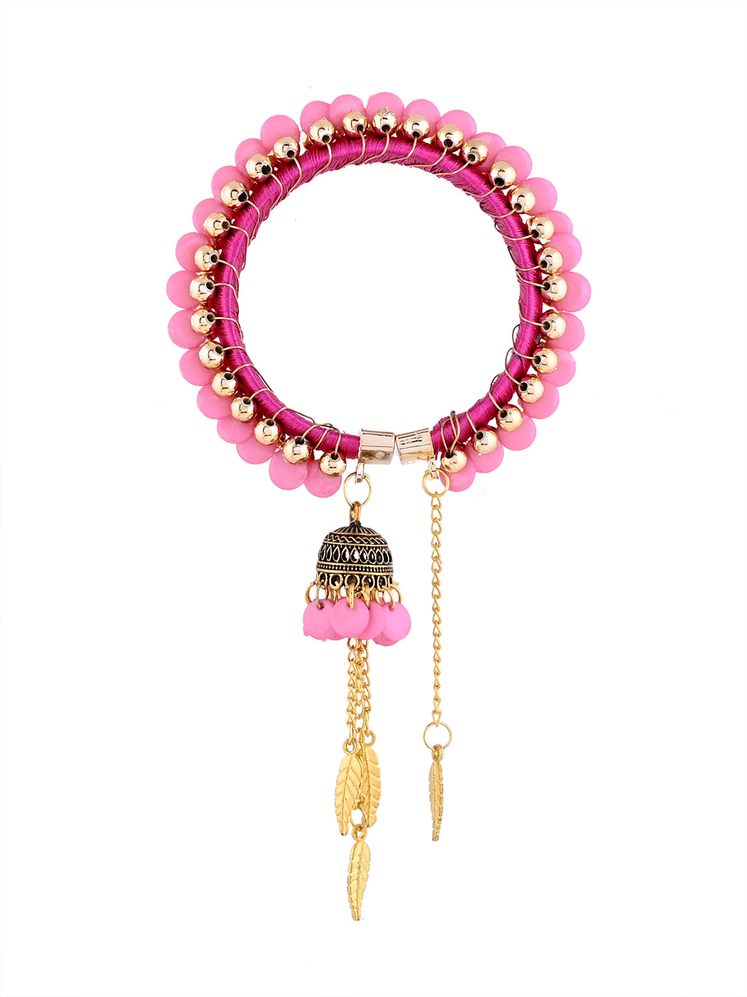 Hot Pink Threadwork Bracelet Rakhi for Bhabhi with Hanging Charms