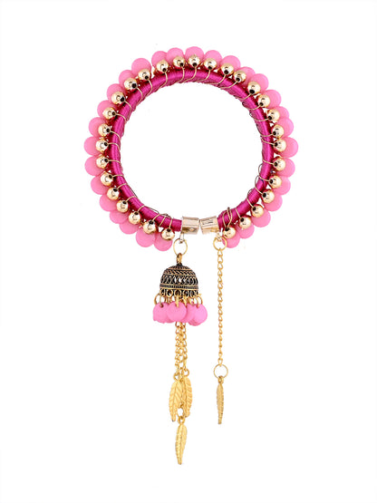 Hot Pink Threadwork Bracelet Rakhi for Bhabhi with Hanging Charms