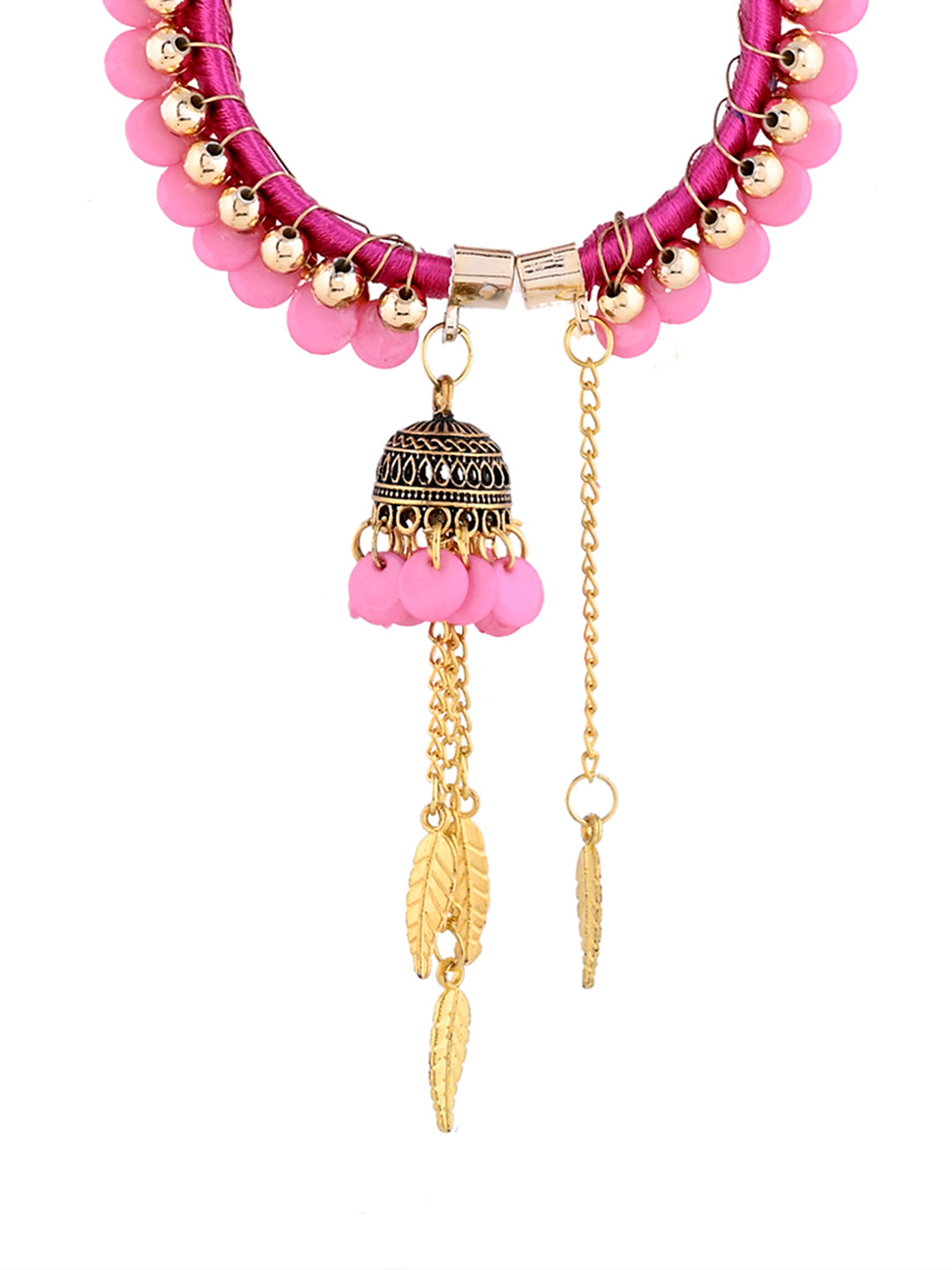 Hot Pink Threadwork Bracelet Rakhi for Bhabhi with Hanging Charms