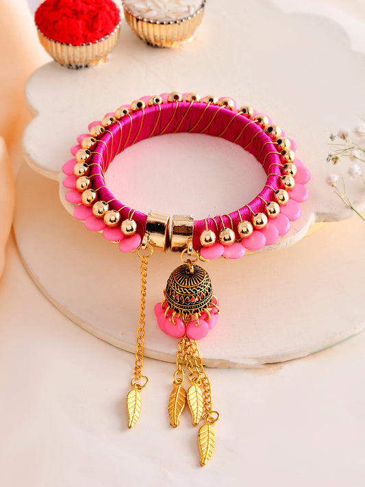 Hot Pink Threadwork Bracelet Rakhi for Bhabhi with Hanging Charms
