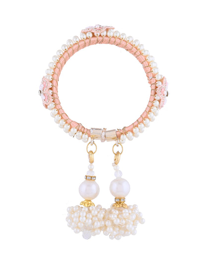 Soft Peach Pearl Bracelet Rakhi for Bhabhi with Dual Latkan Drops