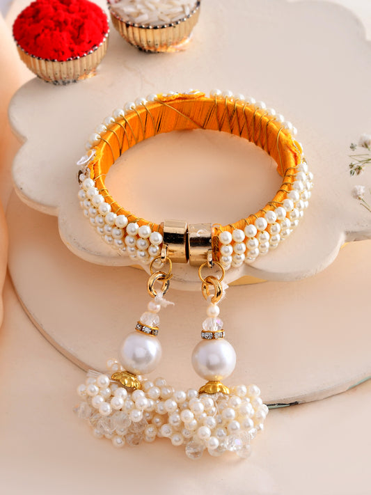 Golden Pearl Designer Bracelet Rakhi for Bhabhi with Beaded Tassels