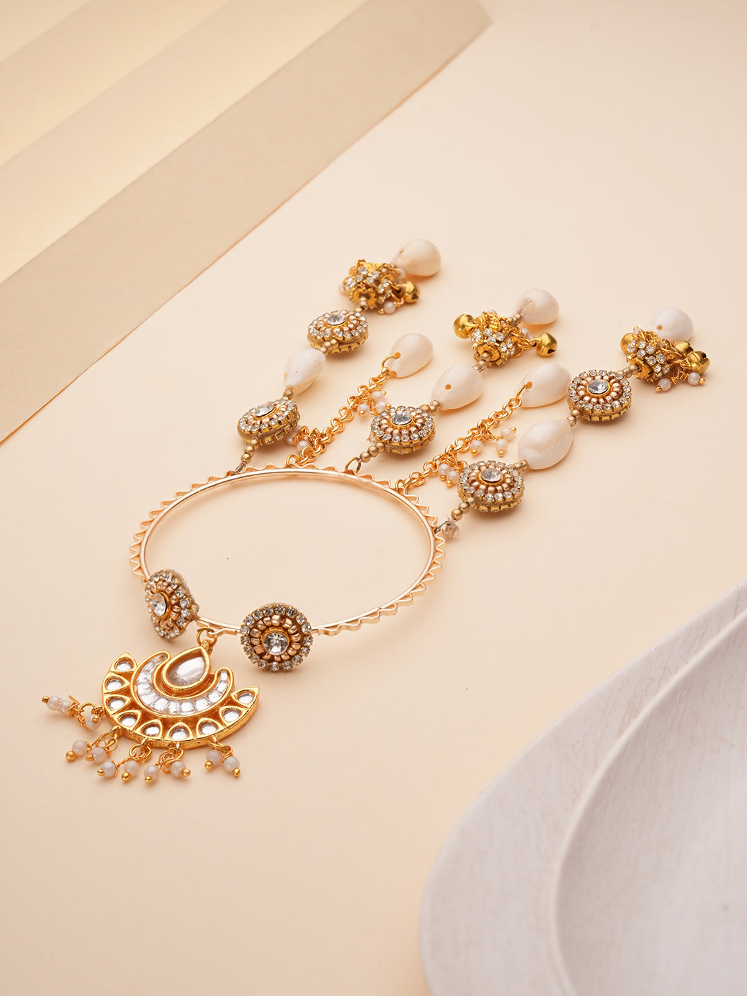 Golden Pearl Haathphool Bhabhi Lumba Bracelet Rakhi