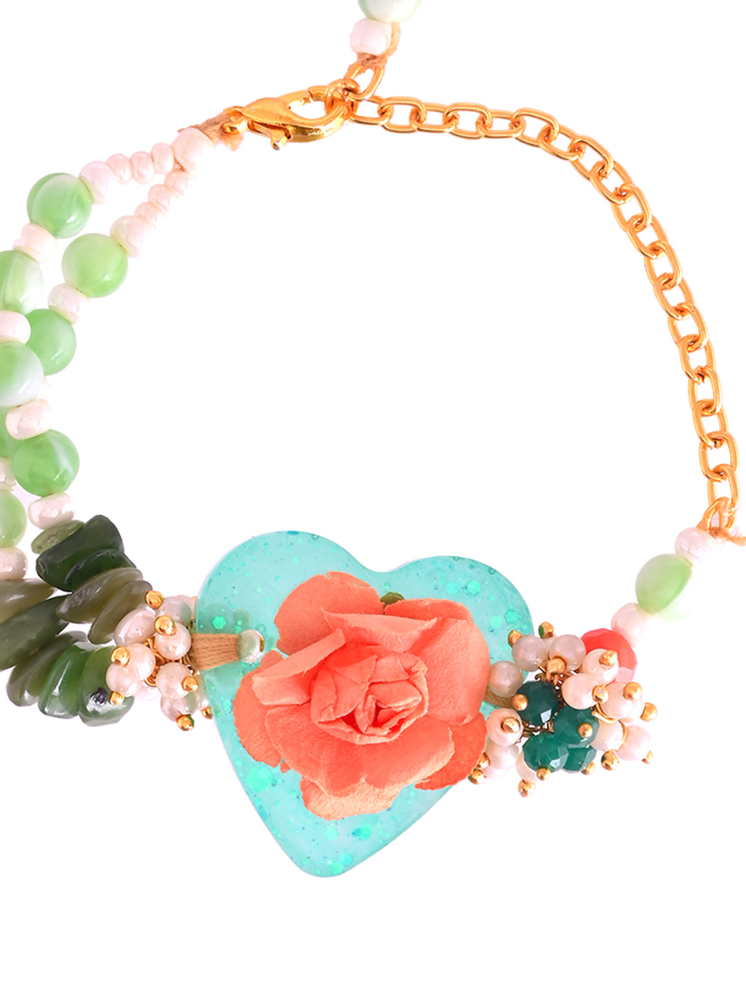 Green Heart Floral Resin Rakhi with Orange Rose