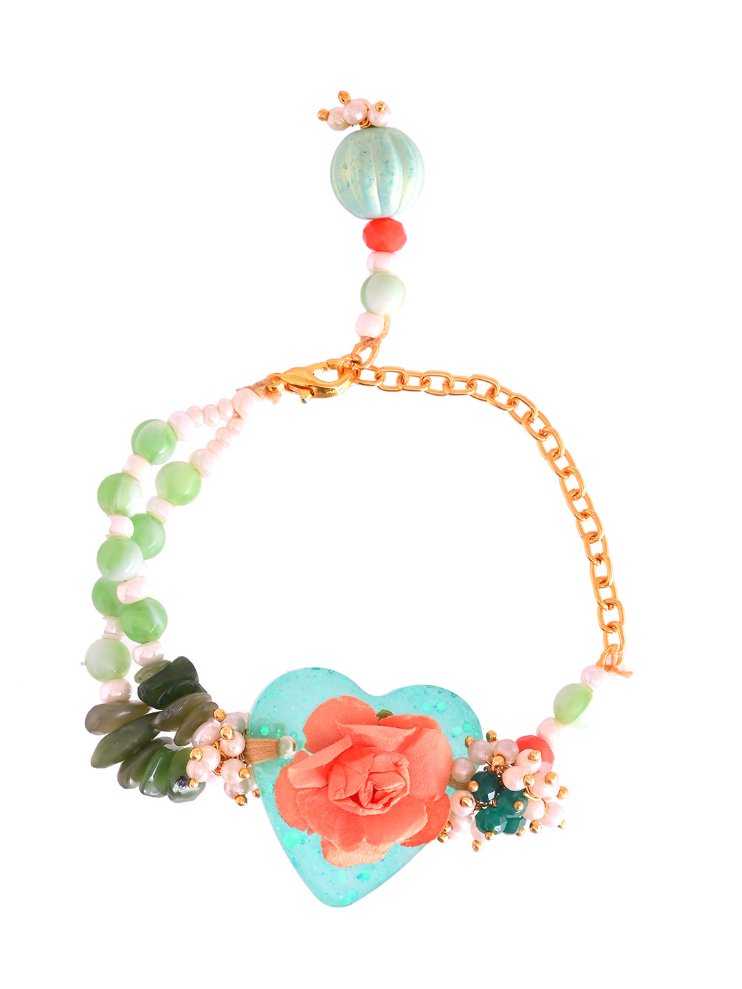 Green Heart Floral Resin Rakhi with Orange Rose