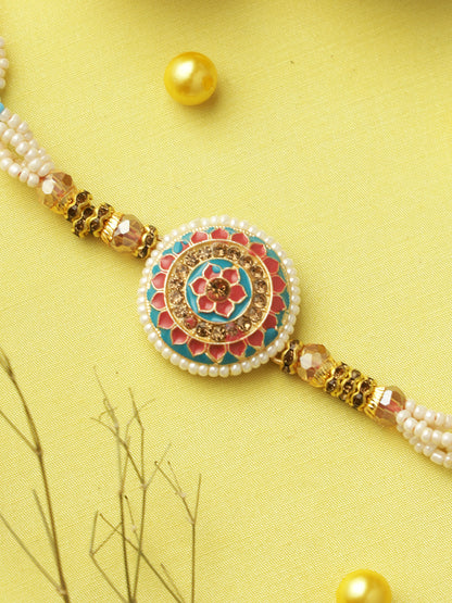 Blue-Pink Pearl Floral Designed Rakhi