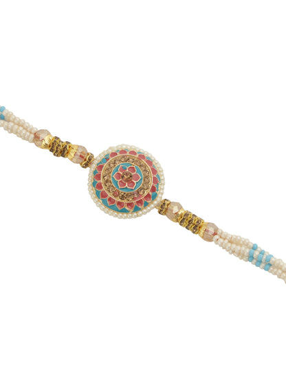 Blue-Pink Pearl Floral Designed Rakhi