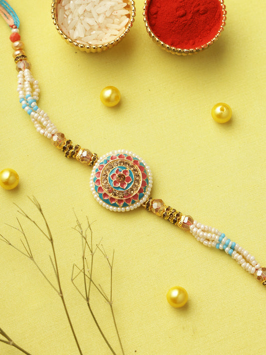 Blue-Pink Pearl Floral Designed Rakhi