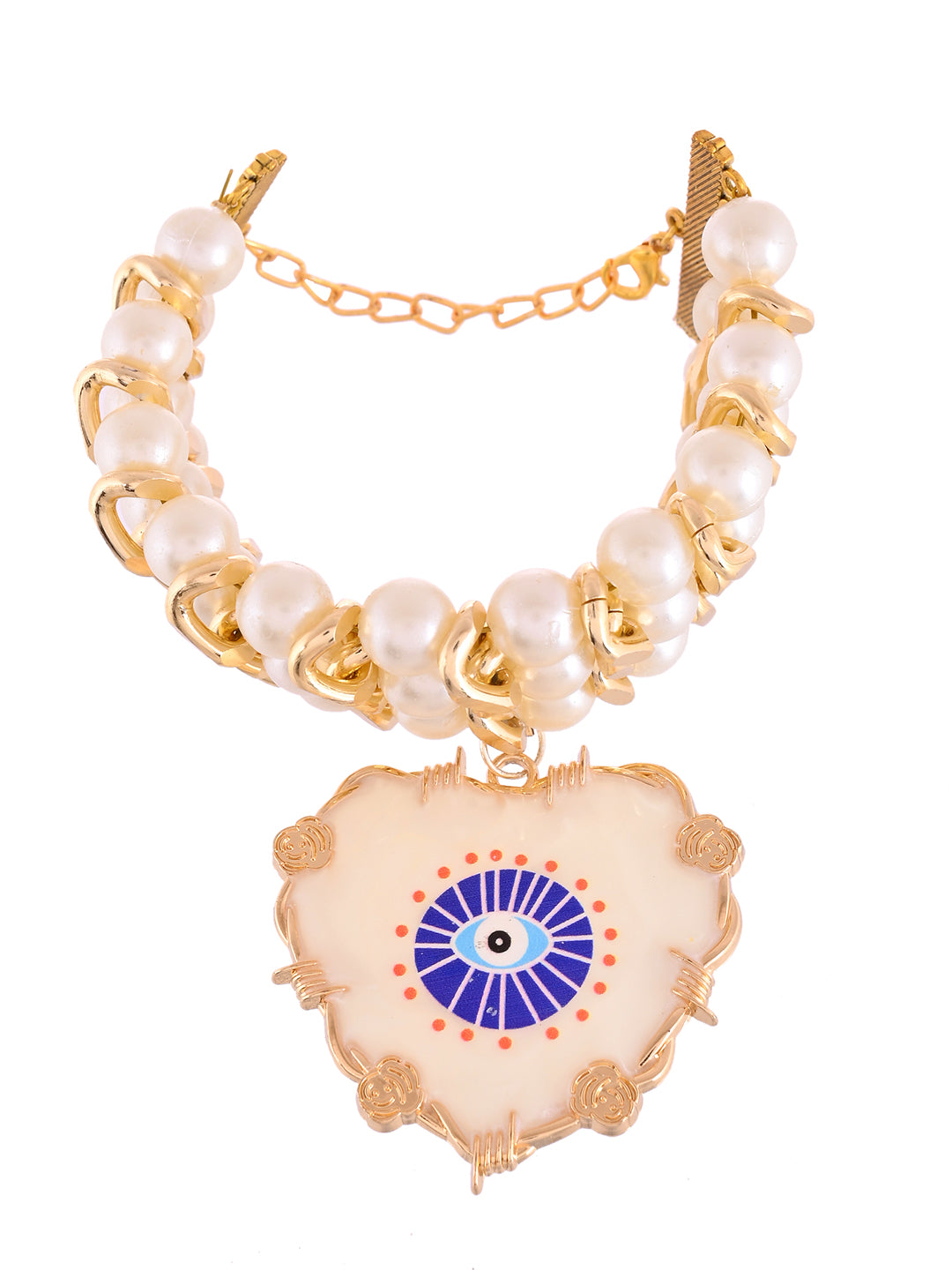 Luxury Ladies Bracelet Rakhi With Layered Pearls And Crystal Evil Eye Motif