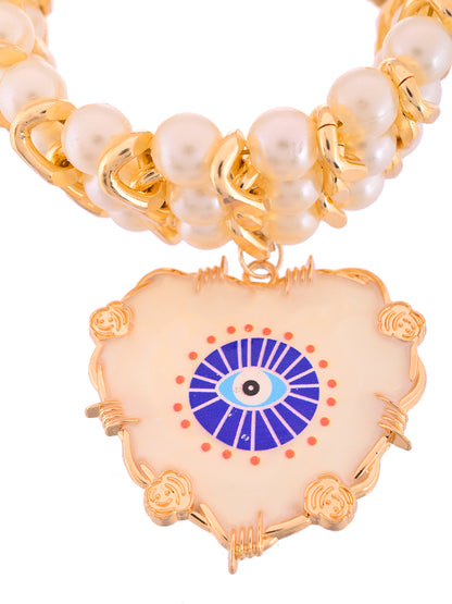 Luxury Ladies Bracelet Rakhi With Layered Pearls And Crystal Evil Eye Motif