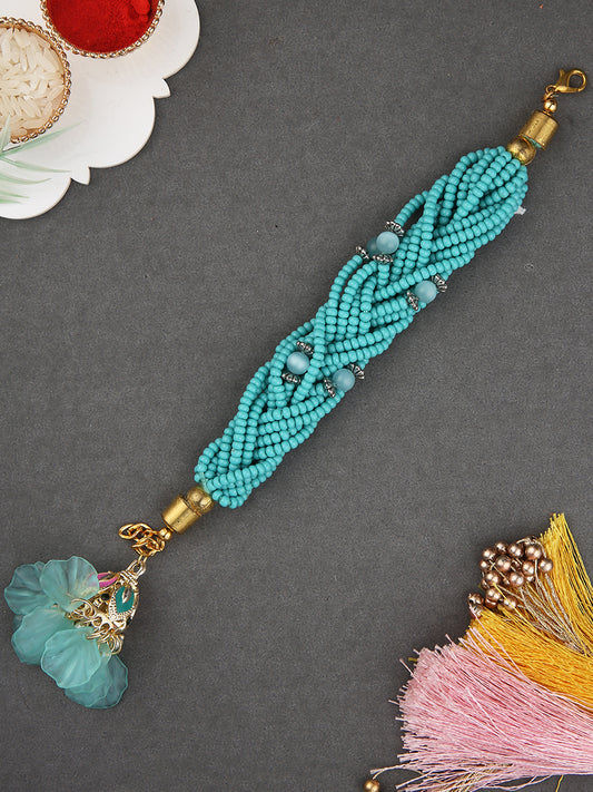 Handwoven Beaded Ladies Bracelet Rakhi With Aqua Lumba And Luxe Finish