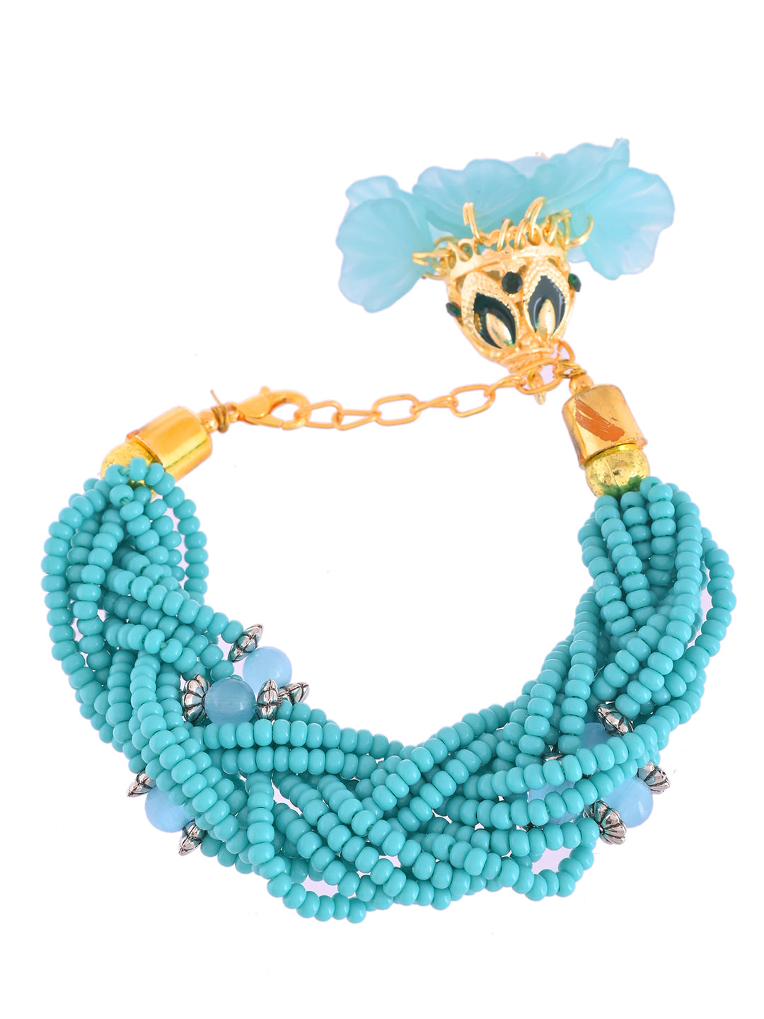 Handwoven Beaded Ladies Bracelet Rakhi With Aqua Lumba And Luxe Finish