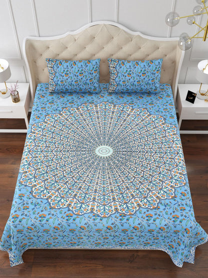 Pure Cotton Blue & Orange 144TC Double Bedsheet with 2 Pillow Cover