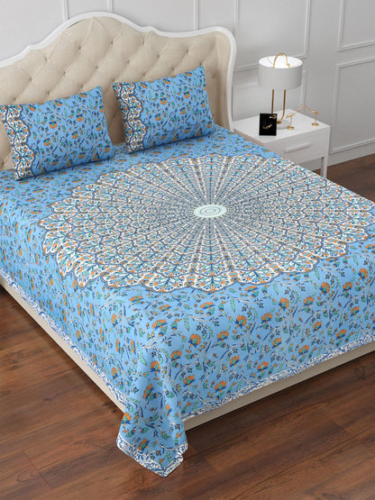 Pure Cotton Blue & Orange 144TC Double Bedsheet with 2 Pillow Cover