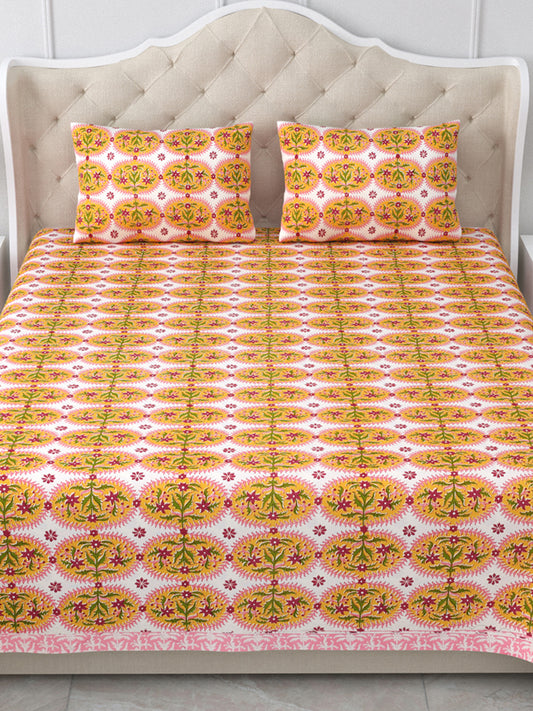 Yellow & White Cotton Double Bedsheet with 2 Pillow Covers