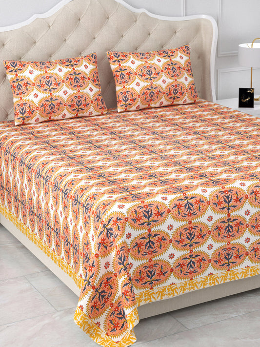 Peach & Grey Cotton Double Bedsheet with 2 Pillow Covers