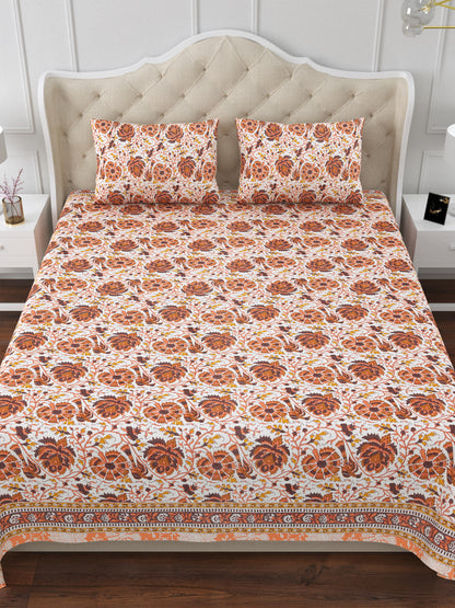 Orange & White Rajwada Rosewood Cotton Double Bedsheet with 2 Pillow Covers