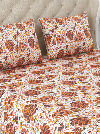 Orange & White Rajwada Rosewood Cotton Double Bedsheet with 2 Pillow Covers