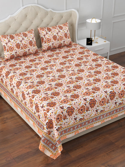 Orange & White Rajwada Rosewood Cotton Double Bedsheet with 2 Pillow Covers