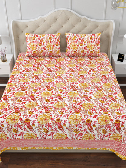 Pink & Yellow Ranthambore Reminiscence Cotton Double Bedsheet with 2 Pillow Covers