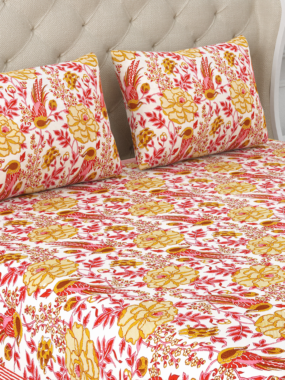 Pink & Yellow Ranthambore Reminiscence Cotton Double Bedsheet with 2 Pillow Covers